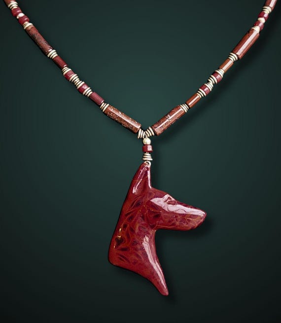 Doberman Beaded necklace Poppy Jasper and Coral