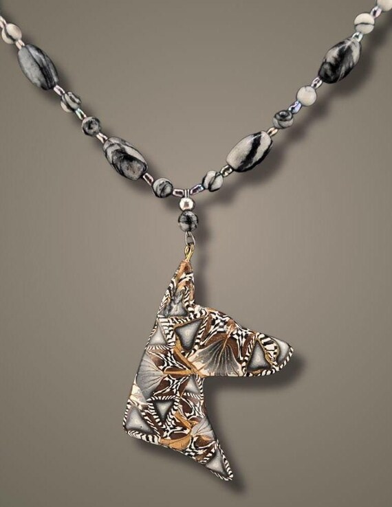 Doberman Beaded Necklace Lightning Jasper and Black Pearl