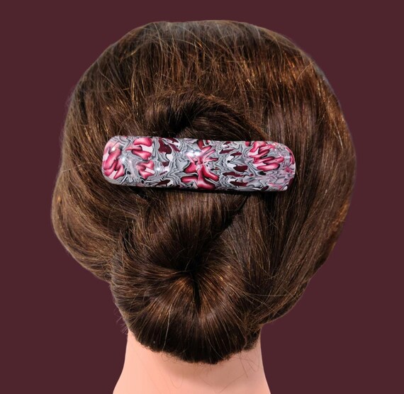 Black, red, white Abstract Barrette, Super grip, Vintage Made in France clip