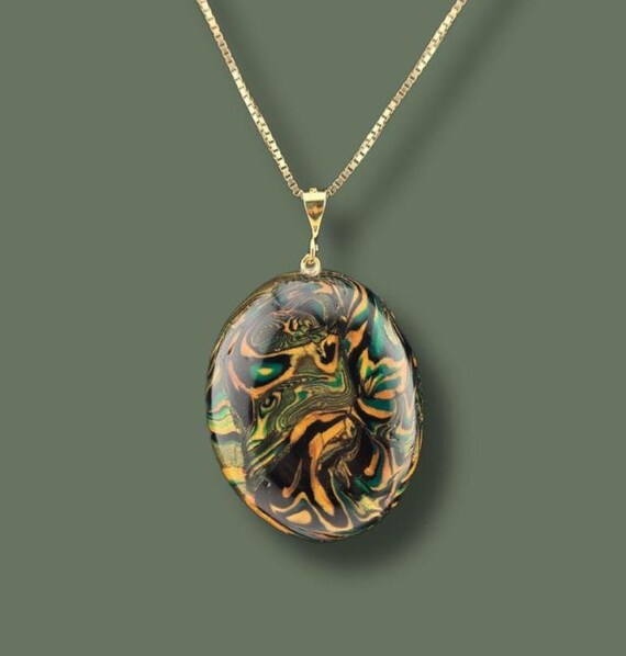 Oval pendant necklace, Mokume Gane Green and Gold