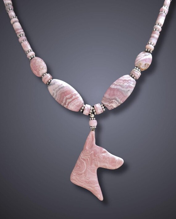 Doberman beaded necklace, Rhodochrosite
