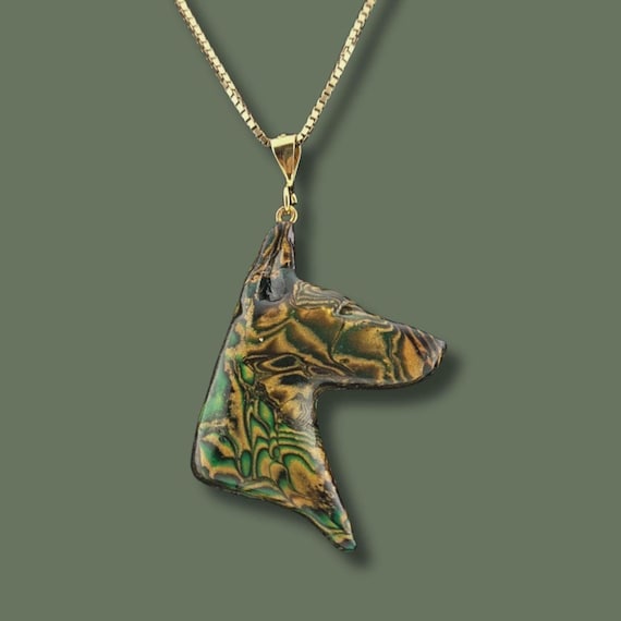 Doberman necklace Mokume Gane, green and gold