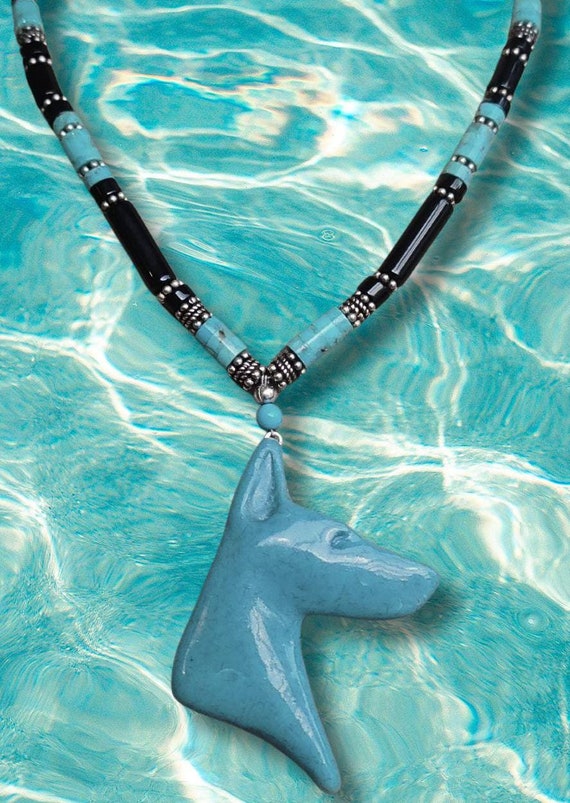 Doberman Beaded Necklace Turquoise and Onyx