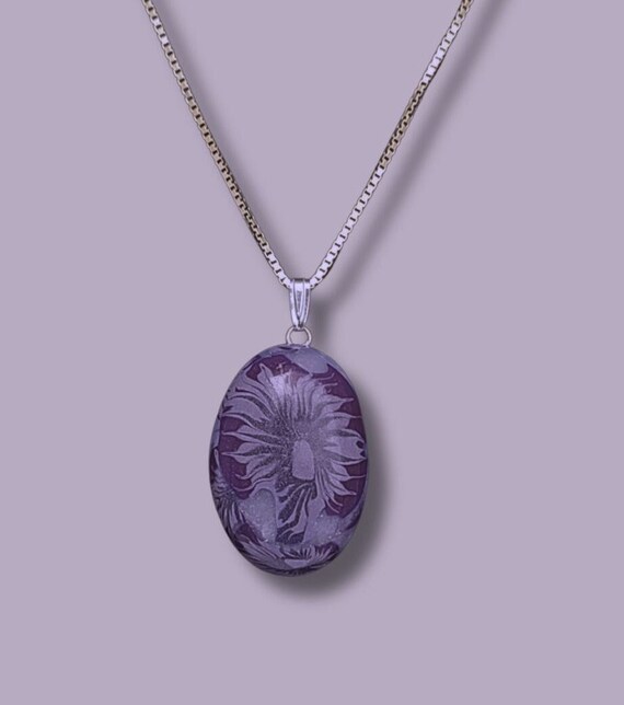 Small Oval Pendant Necklace Purple Flower
