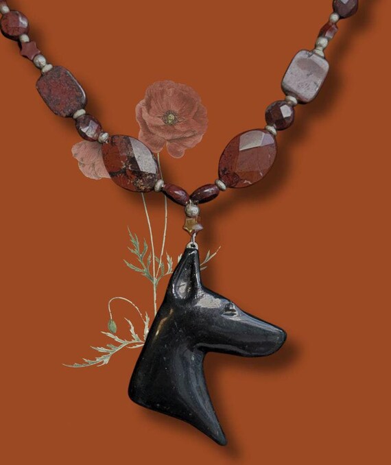 Doberman Beaded Necklace, Poppy Jasper
