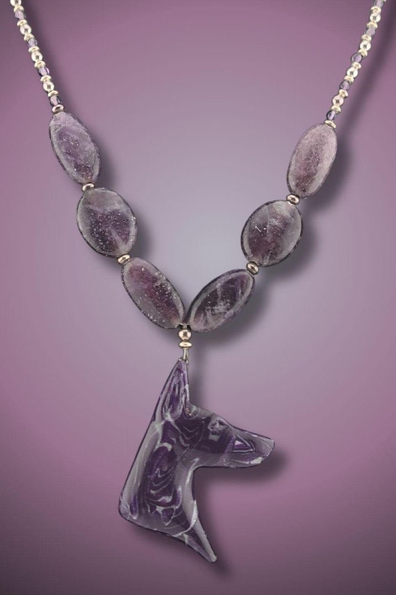 Doberman Beaded Necklace Sugilite and Amethyst