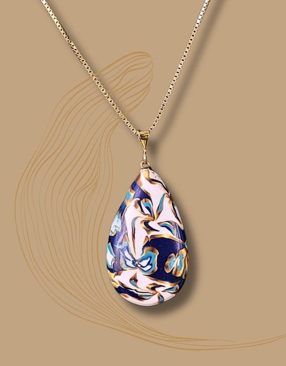 Delft style teardrop necklace, blue, white and gold
