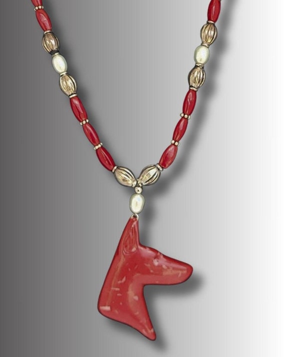 Doberman Necklace Coral and Pearl