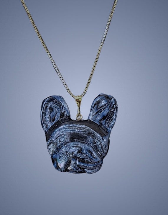 French Bulldog pendant necklace, marbled blues