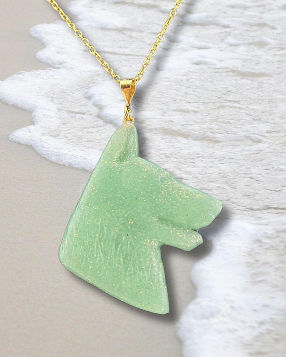 German Shepherd Dog Necklace, Green Sea Glass