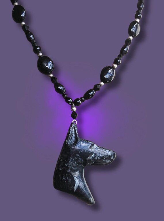 Doberman Beaded necklace onyx and Swarovski crystals