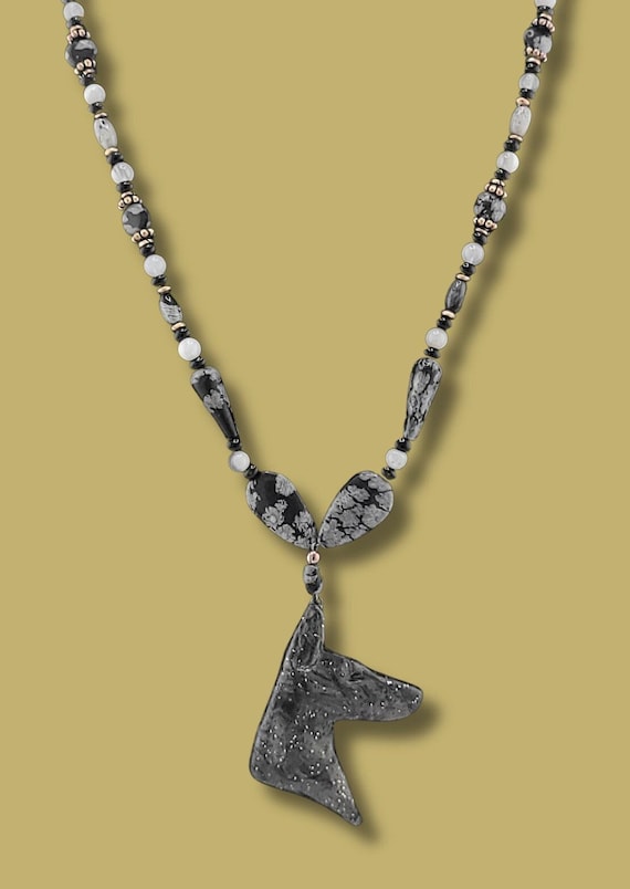 Doberman necklace Snowflake Obsidian Onyx and Agate