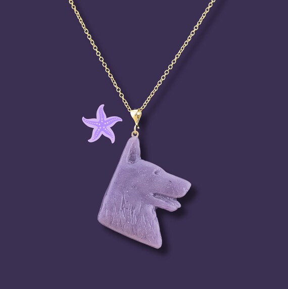 German Shepherd Dog Purple Sea Glass Necklace