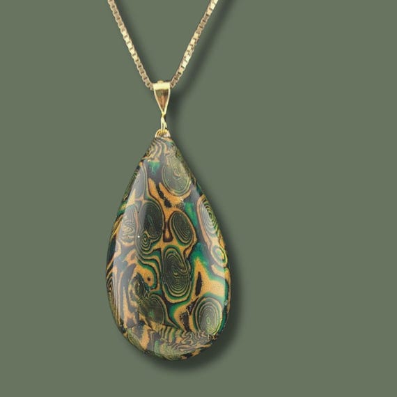 Teardrop Pendant necklace Mokume Gane Green and Gold