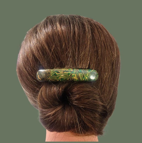 Mokume Gane Barrette, Green and Gold, Super grip, Vintage Made in France clip