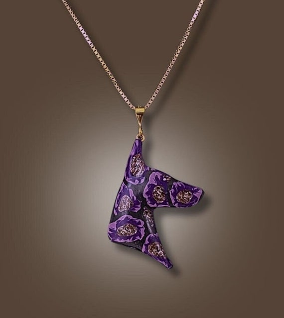Doberman necklace, purple flowers