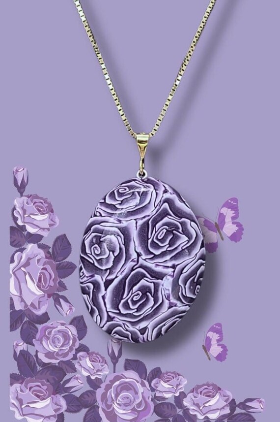 Purple rose oval pendant necklace