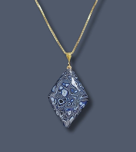 Blue Mokume Gane Diamond shaped pendant necklace