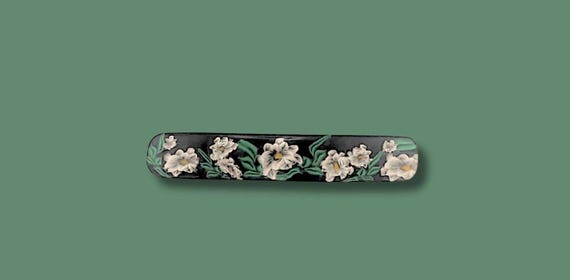 Barrette Daisy with greenery, Super Grip, Vintage Made in France clip