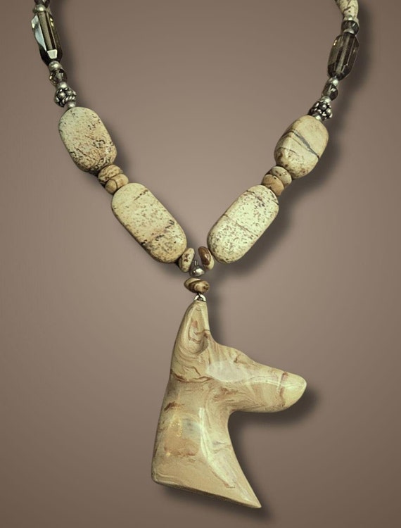 Doberman Beaded Necklace Picture Jasper and Smoky Quartz