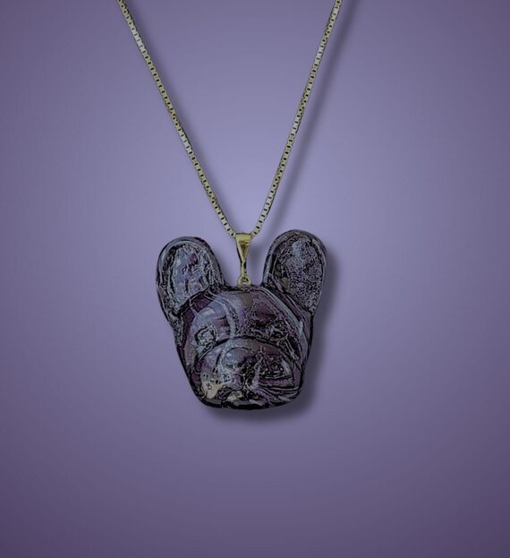 French Bulldog pendant necklace, purple, black  and silver