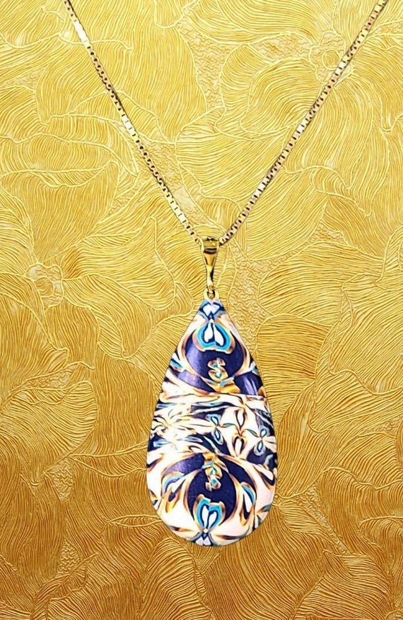 Delft style teardrop necklace, blue, white and gold