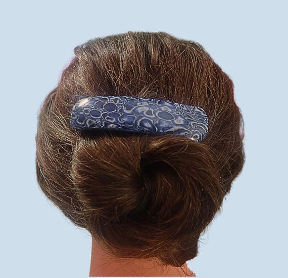 Blue Mokume Gane Wide Barrette, super grip, vintage made in France clip