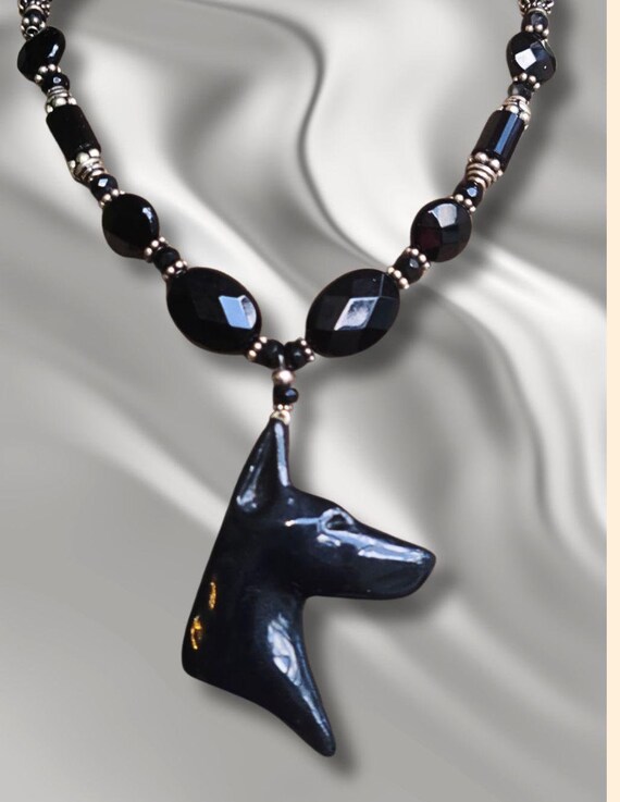 Doberman Beaded Necklace, Faceted Onyx