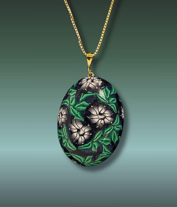 Black Flowers with Greenery Oval Pendant Necklace
