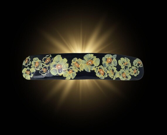 Daffodil barrette, black background super grip, Vintage Made in France clip