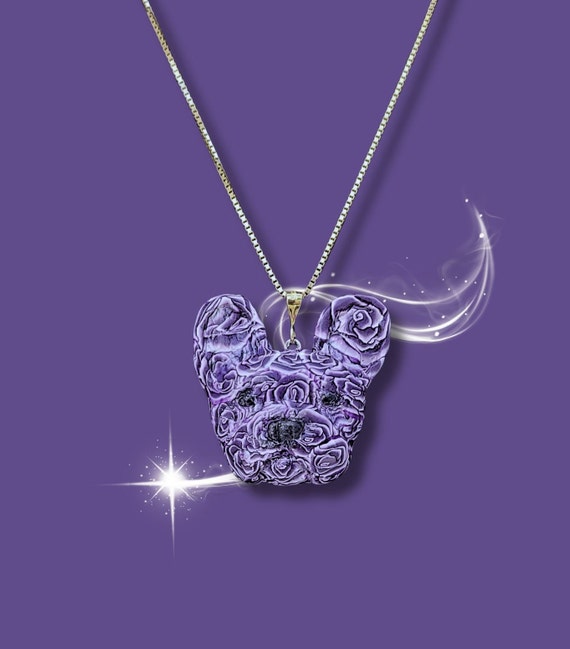 French Bulldog pendant necklace, purple roses