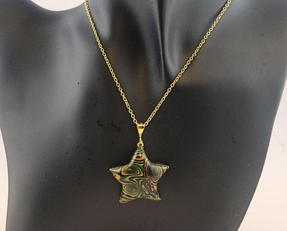 Mokume Gane Green and Gold star necklace