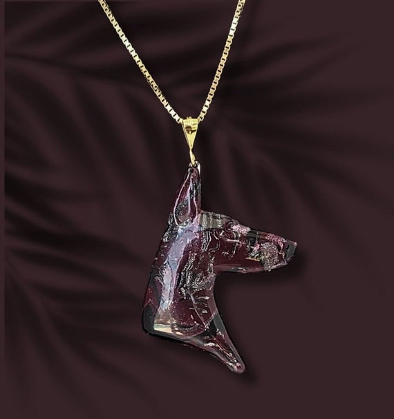 Doberman necklace, burgundy, sparkly