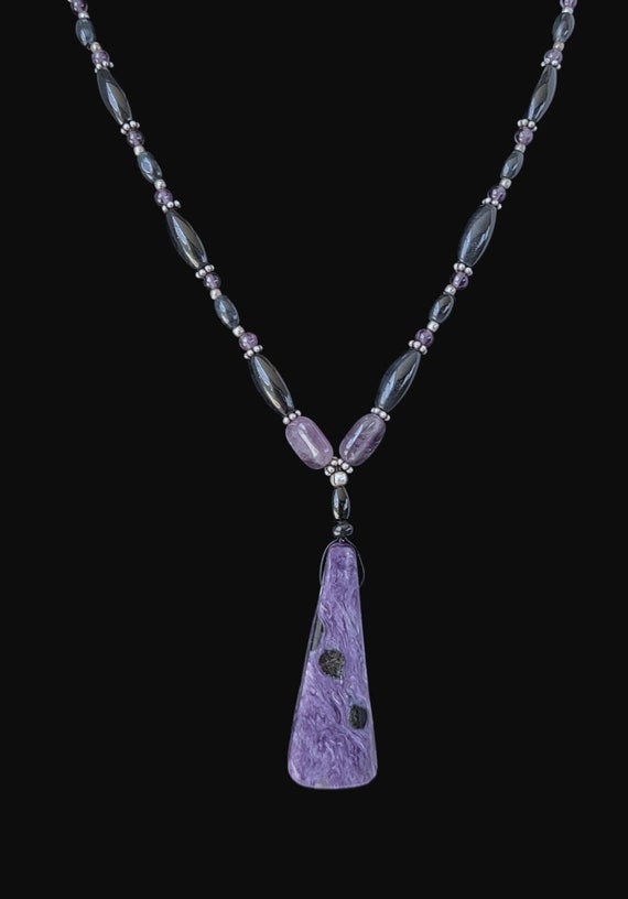 Charoite pendant amethyst and onyx necklace