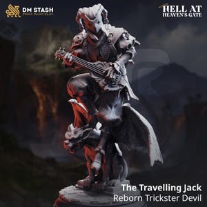 May include: A detailed figurine of a devil-like character playing a stringed instrument, perched atop a gargoyle. The figure is clad in ornate armor and a horned helmet. The text "The Travelling Jack Reborn Trickster Devil" is at the bottom.