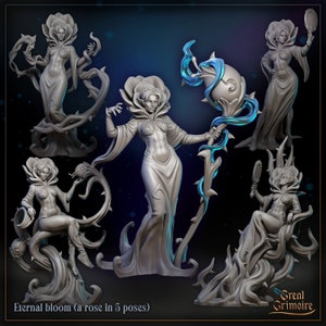 May include: A collection of five gray resin figures of a woman with a rose-shaped head, wearing a long gown. The figures are in different poses, some holding objects like a mirror or a staff. The text "Eternal bloom (a rose in 5 poses)" is at the bottom.