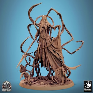 May include: A detailed, brown, resin sculpture of a ghostly figure with a flowing gown and long, thin, tendrils of energy. The figure is standing on a base with a tombstone that reads "R.I.P."