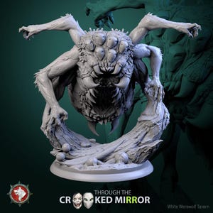 May include: A grey, detailed miniature of a spider-like creature with multiple eyes and sharp teeth. The creature is posed on a base with a rocky texture and small, round orbs.