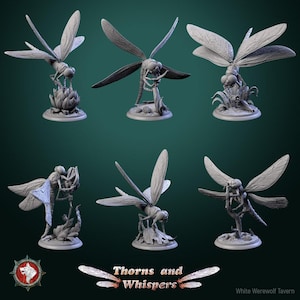 May include: Set of six grey painted miniature dragonflies, each perched on a small base with a flower or branch. The dragonflies have detailed wings and bodies, and they are posed in various positions.