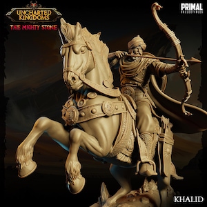 May include: A detailed sculpture of a warrior on horseback, drawing a bow. The figure is dressed in traditional garb, with a turban and cape. The horse is adorned with intricate armor. The sculpture is in a neutral color, with the text "Uncharted Kingdoms" and "Khalid".