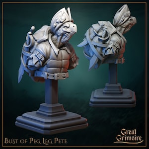 May include: A gray 3D printed bust of a turtle wearing a pirate hat and holding a sword. The bust is on a gray pedestal. The text "Bust of Peg Leg Pete" is at the bottom of the image.