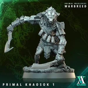 May include: A gray, detailed miniature figure of a warrior, holding two curved blades. The figure has a wolf-like head and is clad in armor. The text "PRIMAL WARLORDS WARBREED" and "PRIMAL KHAOSOK 1" are visible.