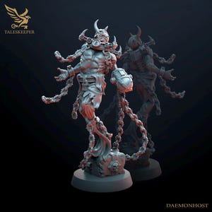 May include: A gray, 3D-printed Daemonhost miniature figure. The figure has horns, chains, and a mechanical device on its shoulder. The figure is standing on a stone base with a skull. The Taleskeeper logo is in the upper left corner, and the word "DAEMONHOST" is in the lower right.