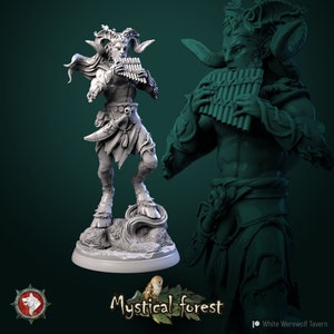 May include: A gray 3D printed figurine of a satyr playing a pan flute. The satyr has horns, a beard, and is wearing a loincloth. The figurine is standing on a base with a swirling design.