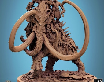 May include: A brown, furry mammoth with large tusks and a spiked back. Two orcs are riding on the mammoth, one holding a large axe and the other holding a shield.