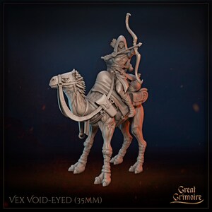 May include: A detailed 3D-printed miniature of a hooded archer riding a camel. The archer is holding a bow and arrow, and the camel is equipped with saddlebags. The text "Vex Void-Eyed (35mm)" is at the bottom. The miniature is a fantasy-themed collectible.