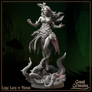 May include: A gray, detailed miniature figurine of a female elf with a crown of leaves and flowers, standing on a base of thorny vines. The elf is wearing a leafy dress and has long flowing hair. The figurine is titled "Lyra Lady of Thorns" and is a product of Great Grimoire.