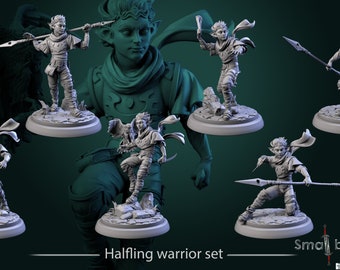 May include: A set of six gray, unpainted miniature figurines of halfling warriors. Each figurine is posed in a different action, holding a variety of weapons, including a spear, a sling, and a dagger. The figurines are all standing on round bases. The text "Halfling warrior set" is printed below the figurines.