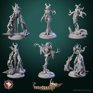 May include: Six gray 3D printed figurines of a humanoid figure with branches and leaves growing from their bodies. The figures are posed in different positions and are standing on circular bases.
