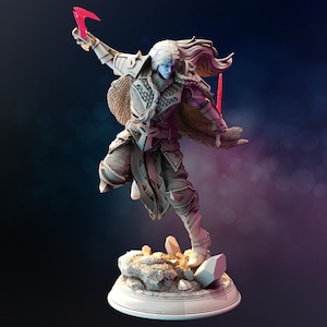 May include: A white painted figurine of a warrior with long white hair, wearing armor and holding a red weapon. The figurine is standing on a rocky base.